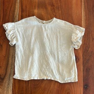 The Simple Folk linen ruffle top. Button back. Oatmeal. 2-3 years.
